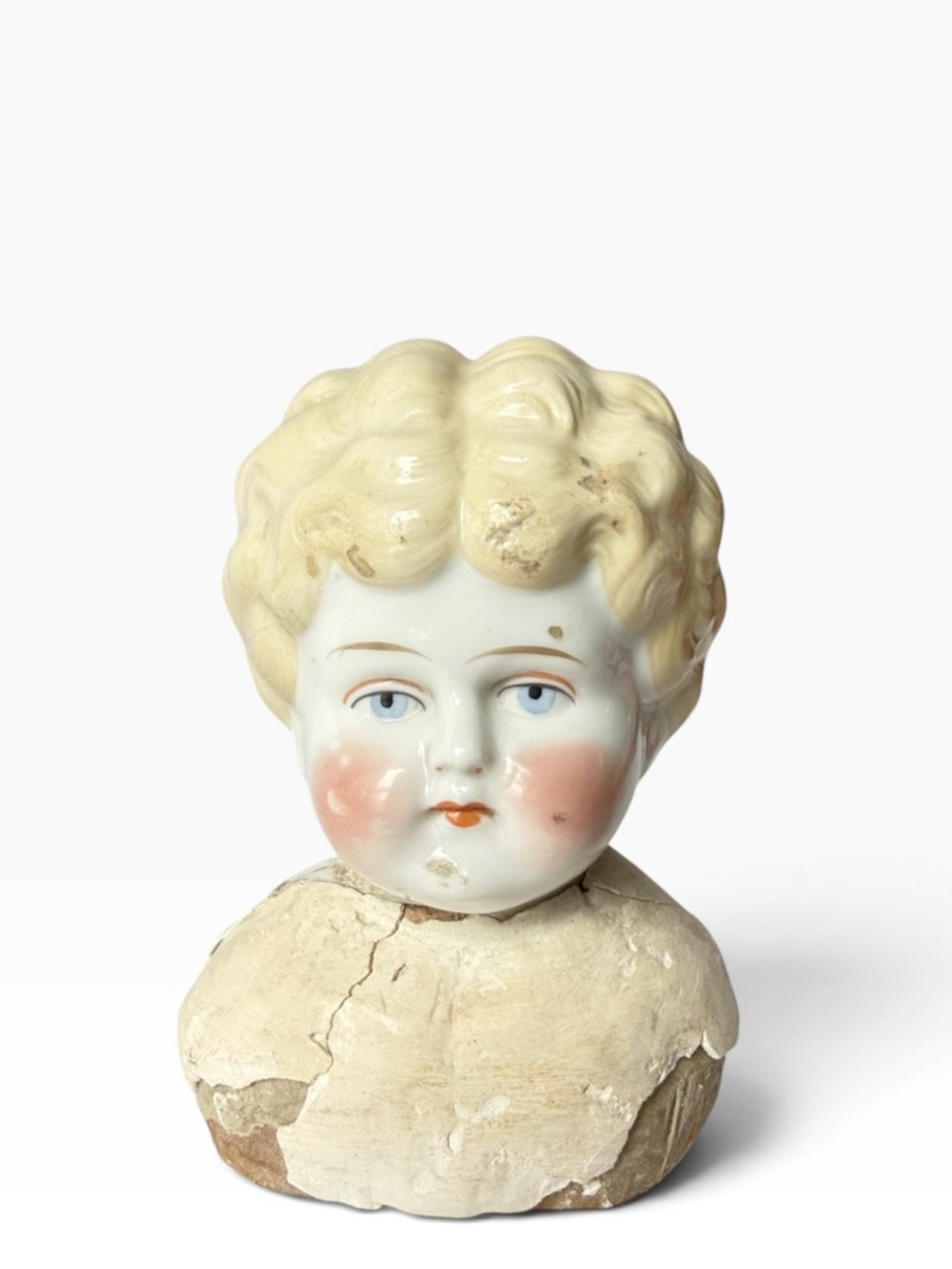 Vintage Antique Blonde Porcelain Doll Head Short Hair Blue Eyes Bust Wood Base